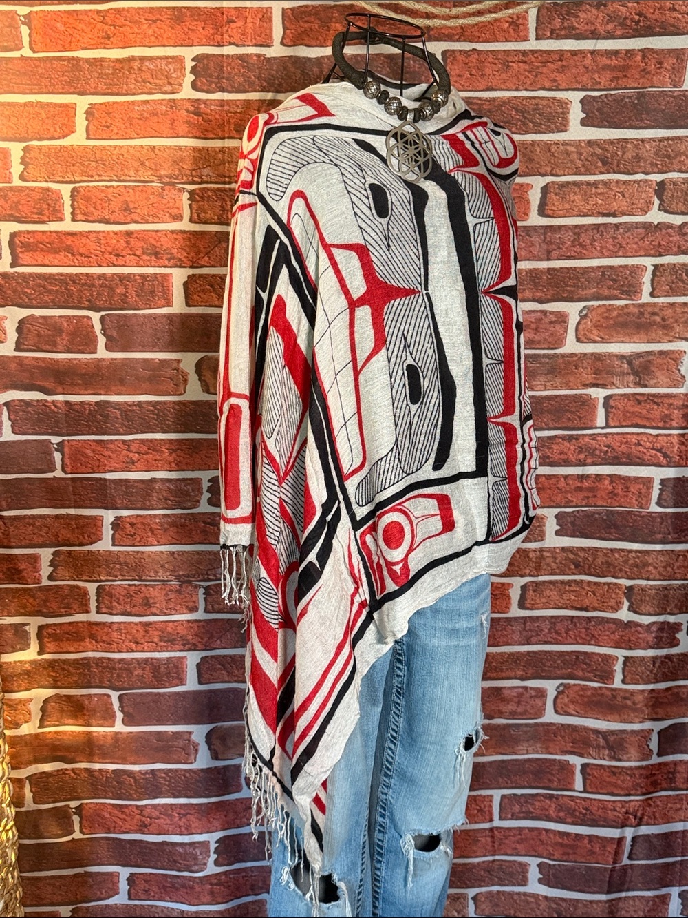 🧣Native Northwest Gauze Tribal Fringe Scarf — Red/Black/White — Sz OS